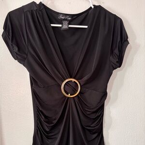 Elegant Black Ruched Blouse with Ring Detail